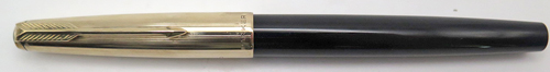 ITEM #6824R: PARKER 51 FOUNTIAN PEN IN BLACK. SQUEEZE FILLER. GOLD FILLED TRIM. NIB IS MEDIUM IN 14K. MADE IN ENGLAND. MKIII MODEL MEANING THE BACK END OF BARREL IS POINTED (NOT CURVED).